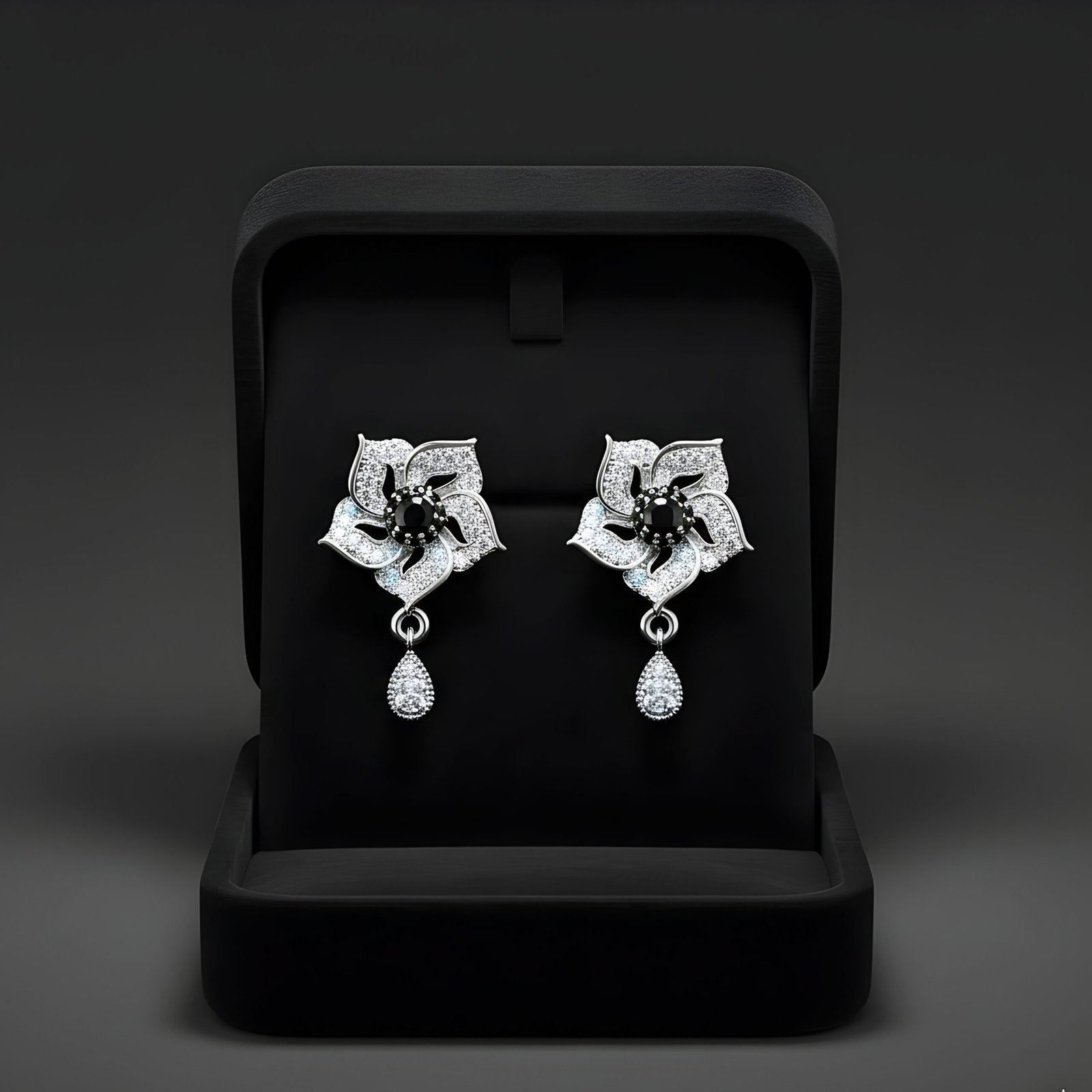 silver-toned, flower-shaped earrings with black and white accent stones - Image 2